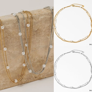 Layered Stainless Steel Necklace With White Imitation Artificial Pearl Snake Bone Chain For Women Chic Casual French Style