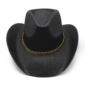 Classic black woven Western cowboy hat with gold braided band and wide curved brim