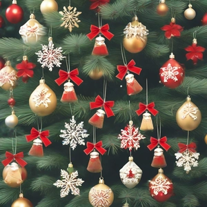 Close-up of red and gold Christmas tree ornaments with festive bows and glittery snowflakes