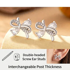 Bow-knot Cartilage Stud Earrings Titanium Steel With Clear Zircon Double-headed Screw Back Sweet Aesthetic Jewelry For Women