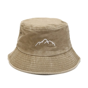 Vintage washed cotton bucket hat with mountain embroidery for outdoor hiking and fishing