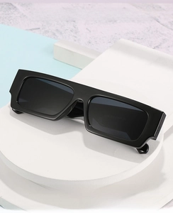 Detail view of model 9116 black square frame sunglasses with specifications on the temple