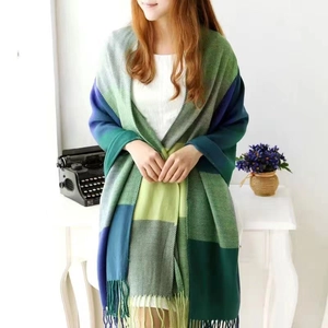 Fashionable green and blue plaid cashmere-like scarf with tassels for winter warmth