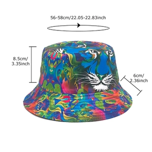 Unisex tie-dye bucket hat with colorful tiger print and dimensions for sun protection
