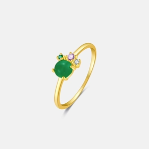 S925 Sterling Silver Ring For Women Green Round Gemstone Rhinestone 18K Gold Plated Simple High-End Design Geometric Finger Ring