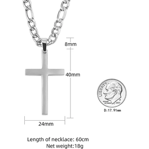 Silver stainless steel cross pendant necklace with Cuban chain and size measurements