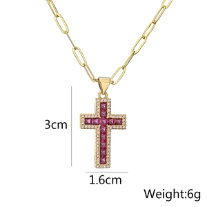 Detail of 18K gold-plated paperclip chain with a red gemstone cross pendant and dimensions