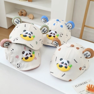 Cute panda baby baseball caps in four pastel colors with 3D cartoon banana panda badges