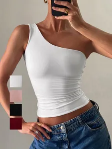 Damen Asymmetrisches Single Shoulder Tank Top Ärmellos Schmale Passform Gerippt Polyester Elastan Crop Top