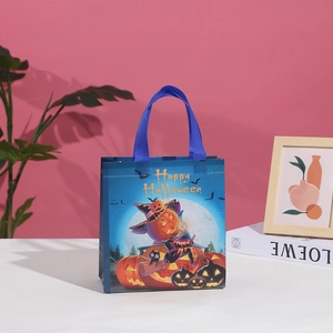 Blue Halloween non-woven gift bag with pumpkin wizard print and happy halloween text