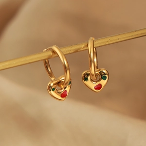 Luxurious gold-plated heart-shaped hoop earrings with colorful enamel and zircon stones