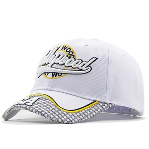 White baseball cap with 3D Hollywood embroidery and LA patterned flat brim style