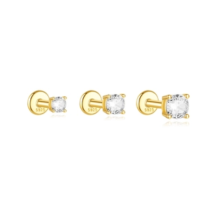 S925 sterling silver threaded stud earrings with sparkling round zircon in three sizes