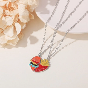 Rainbow hamburger and fries heart-shaped Best Friends split necklace set for couples