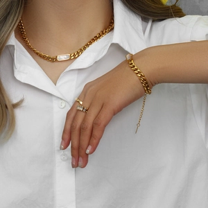 18K gold plated stainless steel cuban chain jewelry set with necklace and bracelet