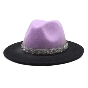 Elegant two-tone lavender and black wool felt fedora hat with sparkling rhinestone band