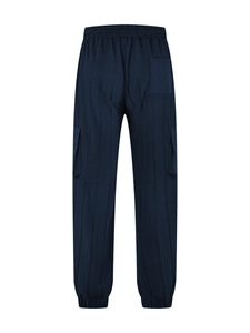 Detail view of navy blue cargo pants featuring elastic waistband and back pocket design