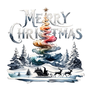 Colorful Christmas tree static window sticker with reindeer sleigh for festive glass decoration