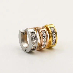 Stainless Steel Rhinestone Hoop Earrings Geometric Inlaid Cubic Ear Buckle For Men Women Fashion Jewelry Accessory