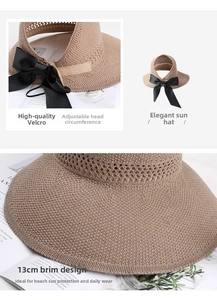 Detail of 13cm wide brim sun hat with adjustable velcro strap and knit bow decoration