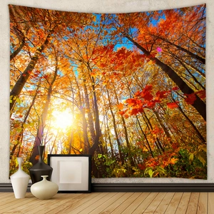 Detail of high-definition autumn forest tapestry with vibrant maple leaf print for wall decor