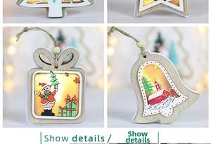 Detailed view of LED lighted wooden Christmas tree ornaments with festive warm glow