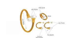 Detailed size specifications for gold cable jewelry set with white glass pearls