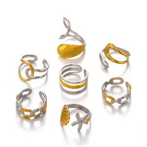 7-piece two-tone stainless steel open ring set with chain and shell designs