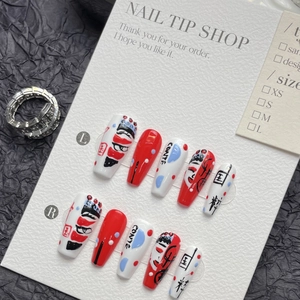 Handmade long trapezoid press-on nails with red and blue Chinese opera face art