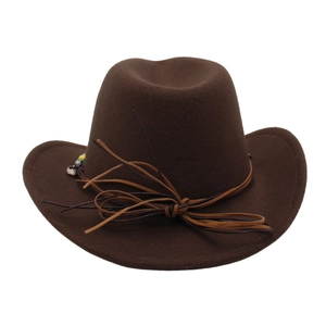 Classic dark brown western cowboy hat with colorful beaded band and curved brim