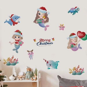 Christmas mermaid wall sticker set with ocean animals and Merry Christmas text for kids room