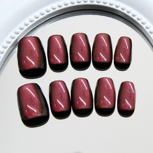 Cat eye cat's eye short square nails in wine red with glossy finish for women
