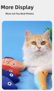 Detailed view of colorful plush fish catnip toys with realistic scale patterns