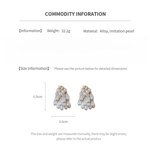 Detailed size specifications for French style pearl tassel earrings in alloy and silver