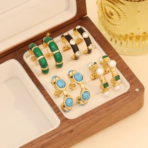 Vintage C-Shaped Stud Earrings Stainless Steel Enamel Drip Oil Geometric Faux Turquoise Artificial Pearl Zircon Jewelry For Women