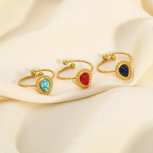 French vintage 18K gold stainless steel rings with teardrop natural stones and twisted band
