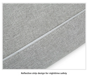 Detail of gray canvas fabric with reflective safety strip and premium stitching