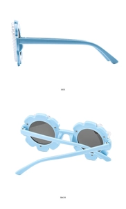 Side and back view of light blue flower-shaped children's sunglasses with pearl details