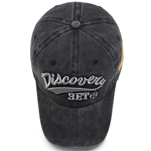 Distressed black washed denim baseball cap with Discovery 3D embroidery and curved brim