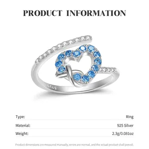 Adjustable S925 sterling silver ring with blue gemstone heart design weighing 2.3 grams