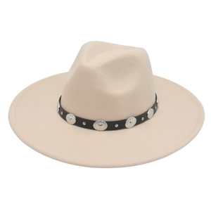 Wide Brim Fedora Hat Wool Felt Retro Western Style With Metal Concho Decorative Band Unisex Jazz Winter Warm Headwear