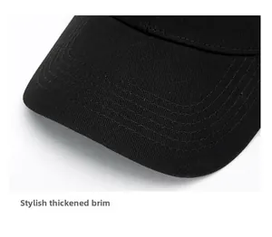 Detail of a structured thick brim on a black cotton baseball cap with parallel stitching
