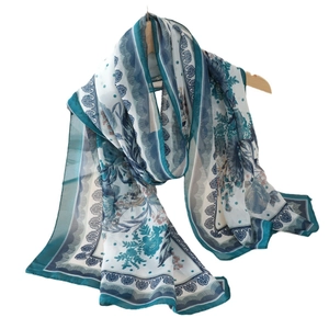 Elegant floral print teal and white chiffon long scarf for women with vintage patterns