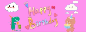 Pink birthday banner featuring a cute green dinosaur and a small brown bear holding cake