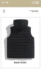 Vue arrière d'un gilet matelassé noir à capuche avec coutures horizontales classiques