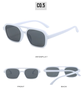 Three-way view of white double-bridge square sunglasses with dark grey lenses in C0.5 style