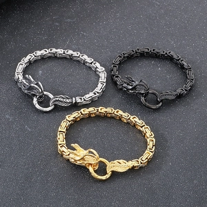 Detail of Byzantine dragon head bracelets in silver, black, and gold finish metals