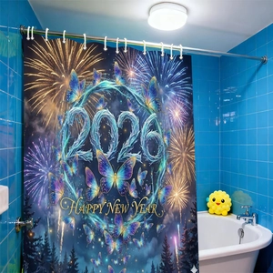 Christmas 3D shower curtain with 2026 Happy New Year golden fireworks print for bathroom decor