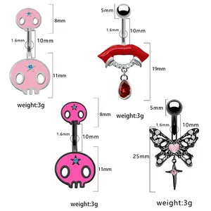 Dimensions détaillées des piercings de nombril en acier avec pendentifs crâne