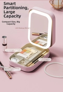 Detail view of pink leather jewelry organizer with LED mirror and necklace hooks
